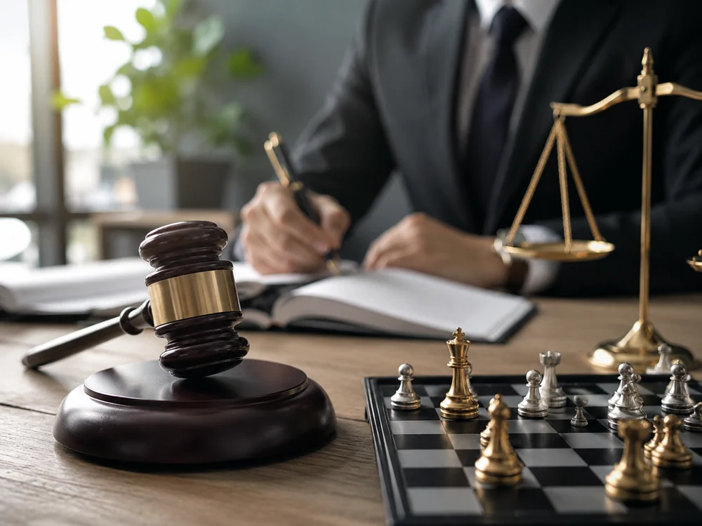Gavel, scales, and chessboard representing legal strategy